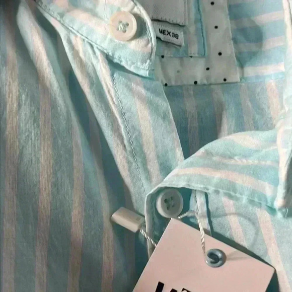 Denim & Flower Ricky Singh Light Blue White Striped Button Front Top Size S - Picture 6 of 8